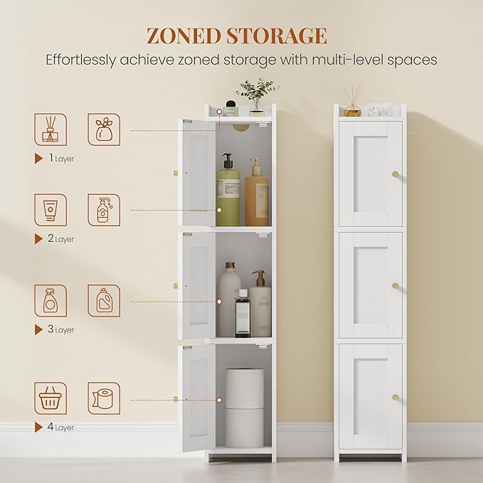 HEXCELEN Slim Bathroom Storage Cabinet, Narrow Cabinet with 3 Doors, Small Bathroom Organizers and Storage, Laundry Room Organization for Small Space, Kitchen, Living Room, White 022313X