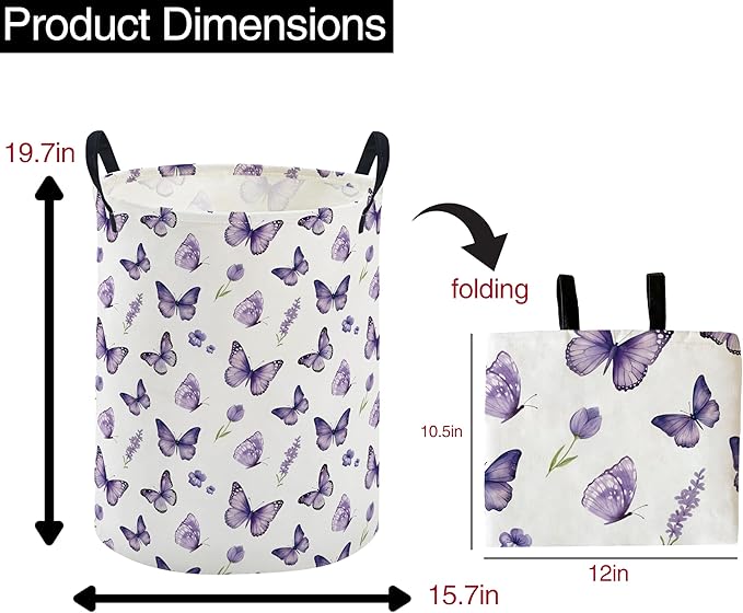 ESSME Kids Laundry Basket,Butterfly Hamper Collapsible Canvas Waterproof Storage Bin for Girls, Cute Hamper,Gift Baskets(Purple butterfly)
