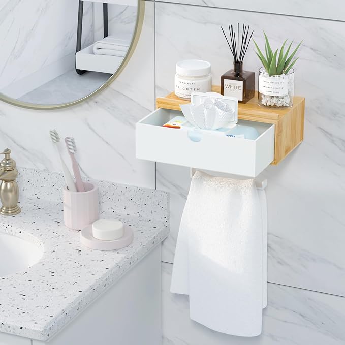 Domax Toilet Paper Holder with Shelf,Wall Mount/Adhesive Bathroom Toilet Paper Holder,Bamboo Wood Tissue Toilet Roll Holder with Storage Drawer for Organizer Wipes,Fits Any Room, Bamboo+White, Large