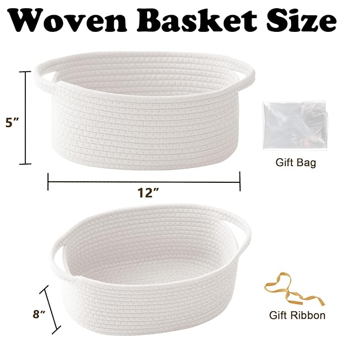 2 Pack Small Woven Rope Basket-Empty Gifts Basket with Bag and Ribbons,Cute Handle Organizer Box for Birthday/Baby Shower, Toy Storage, Nursery Organizing & Shelf Decor(White)
