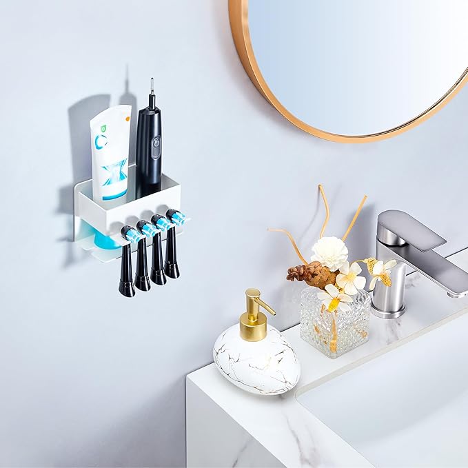 Toothbrush Head Holders, Electric Tooth Brush Head Holder, Adhesive Toothpaste Holder for Shower Bathrooms, Wall Mounted Tooth Brushing Holder Organizer Storage (White, Small)