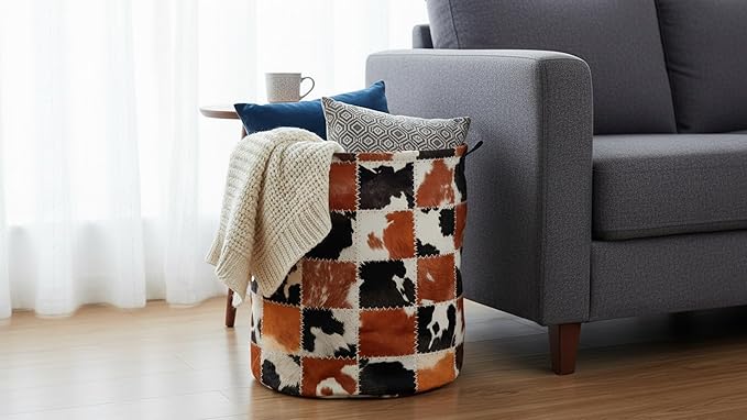 CLOCOR Round Collapsible Flat Storage Basket,Space-Saving Fabric Laundry Hamper for Clothes,Nursery Hamper,Gift Basket(Cowhide)
