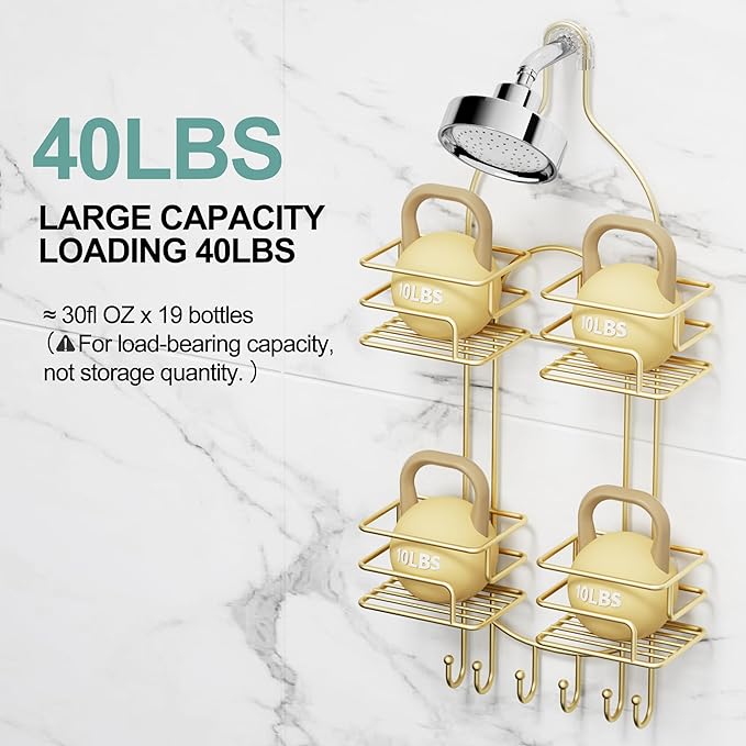 SRIWATANA Shower Caddy Hanging, Bathroom Organizer, No Drilling Shelves Over Shower Head, Bath Rack Holder with Hooks for Razors and Sponge - Gold