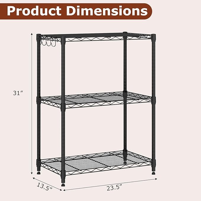 GOFLAME 3-Tier Metal Storage Shelving Unit, Heavy-Duty Adjustable Utility Shelf with V-Shaped Wire Rack, 450 LBS Storage Organizer for Home, Kitchen, Garage, Basement, 23.5”L x 13.5”W x 31”H