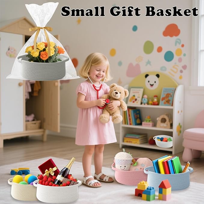 2 Pack Small Woven Rope Basket-Empty Gifts Basket with Bag and Ribbons,Cute Handle Organizer Box for Birthday/Baby Shower, Toy Storage, Nursery Organizing & Shelf Decor(Grey)