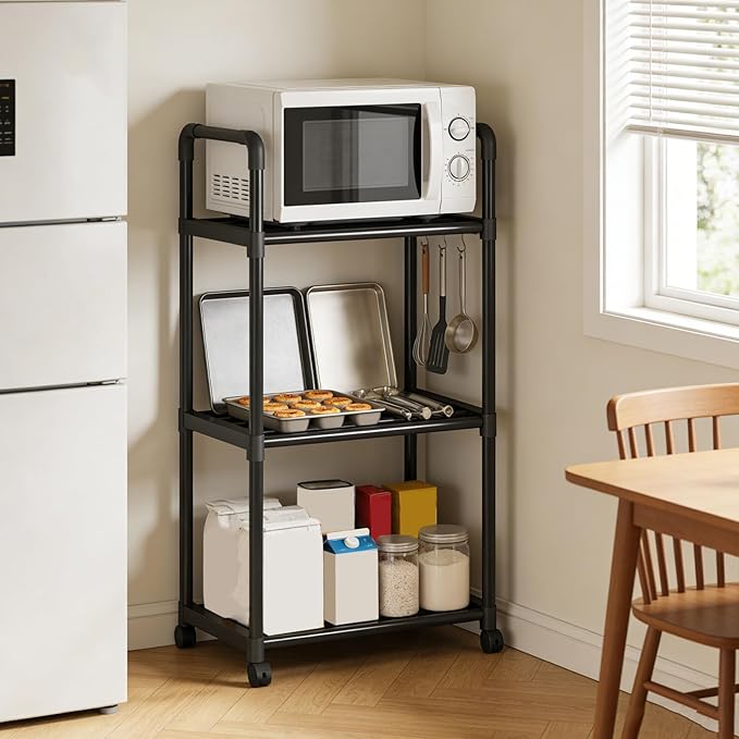 3-Tier Storage Rack Black Metal Shelves Shelf Storage Shelving Shelf Rack for Microwave Cookware Organizer Kitchen Storages Rack for Living Room Office Bathroom Garage Storage Shelves Gifts for Women