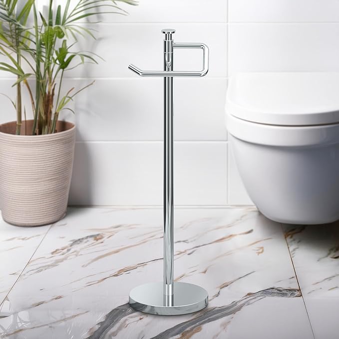 Gatco 1435C Freestanding Toilet Paper Holder, 23.68” H, Chrome | Toilet Tissue Roll Holder Stand With Weighted and Padded Base For Bathroom