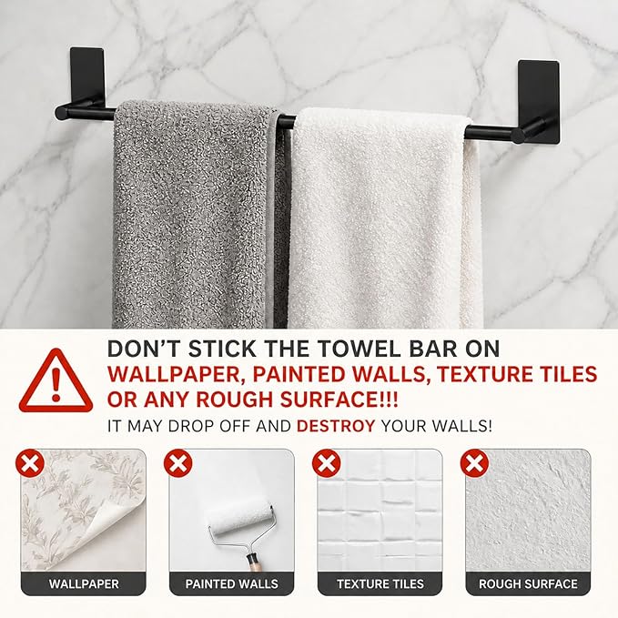 Adhesive Bath Towel Bar 24-inch Black, No Drill Stick On Towel Rack, Easy Install with Self-Adhesive, Premium SUS304 Stainless Steel (Black, 24)
