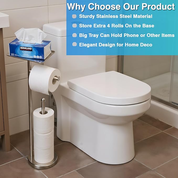 Toilet Paper Holder with Shelf, Freestanding Tissue Paper Stand with Storage Space for Extra 4 Toilet Paper Rolls (Stainless Steel Base, Brushed Nickel)