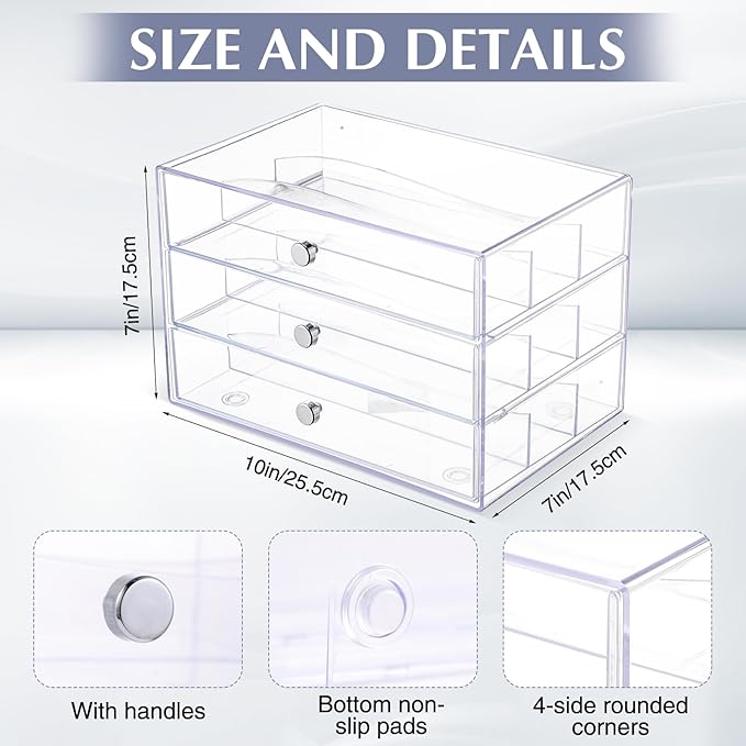 Wonderjune 4 Pack 3 Drawer Washi Tape Organizer Plastic Washi Tape Storage Cube Organizer Box 10 x 7 x 6.8 Large Capacity Clear Storage Drawer Holder for Art Craft Embellishments Jewelry Makeup