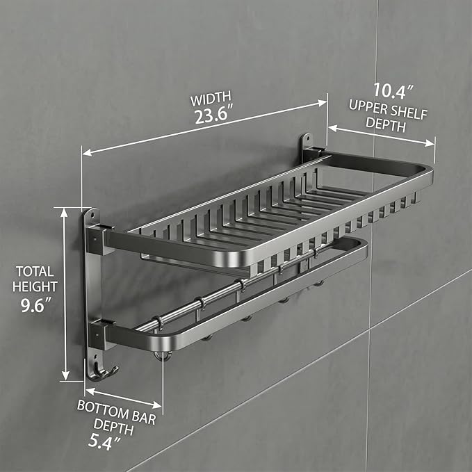 24 inch Towel Rack for Bathroom Wall Mounted, 2 Tier Foldable Bathroom Shelf with Tower Bars, Sturdy&Durable Aluminum Bath Towel Holder Lavatory Storage Organizer