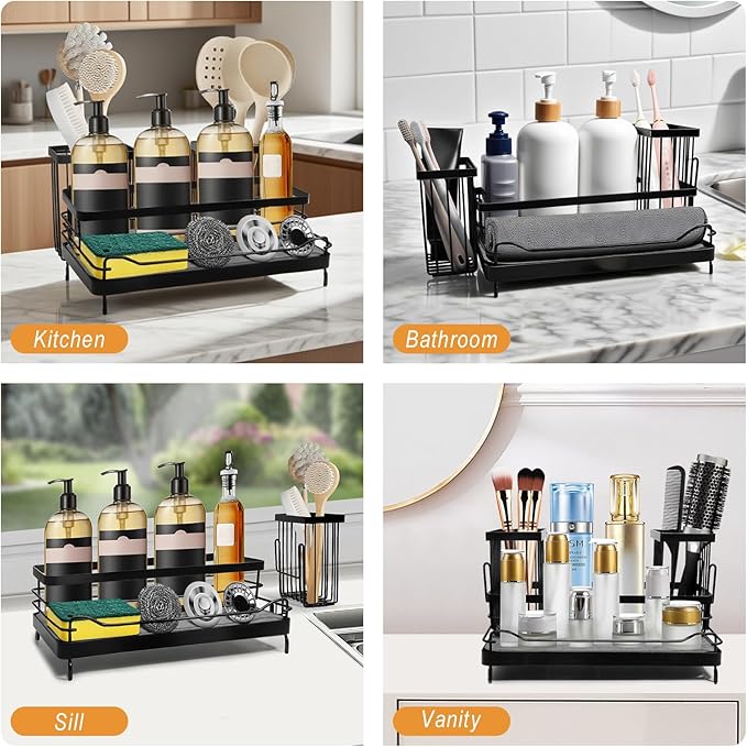 Toothbrush Holders with Instant Drying Stone & 2 Brush Holders, Rustproof Carbon Steel Tooth Brush Holder Sink Caddy, Space Saving Bathroom Countertop Organizer for Storage and Organization-Black