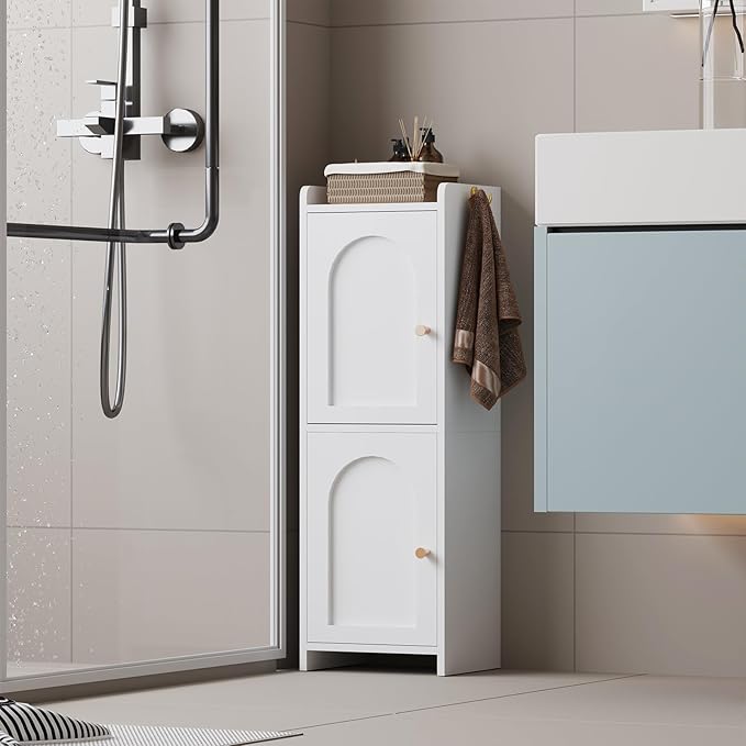 Arbuxzuy Small Bathroom Storage Cabinet,Corner Floor Cabinet with 2 Doors and Adjustable Shelf, Narrow Toilet Paper Cabinets with 2Hooks,Toilet Organizer for Small Spaces，7.87"D*9.84"W*29.72"H(White)