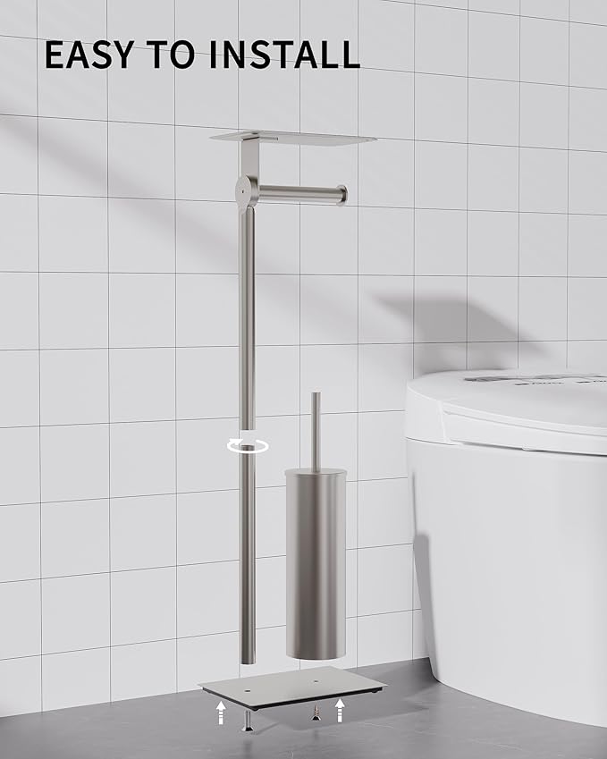 Toilet Paper Holder Stand, Free Standing Toilet Paper Holder with Shelf for Bathroom, Stainless Steel Brushed Nickel Toilet Tissue Holder with Brush and Holder Set, Weighted Base