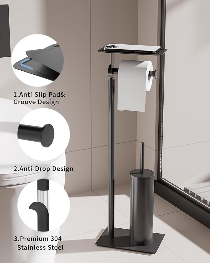Toilet Paper Holder Stand, Free Standing Toilet Paper Holder with Shelf for Bathroom, Stainless Steel Matte Black Toilet Tissue Holder with Brush and Holder Set, Weighted Base
