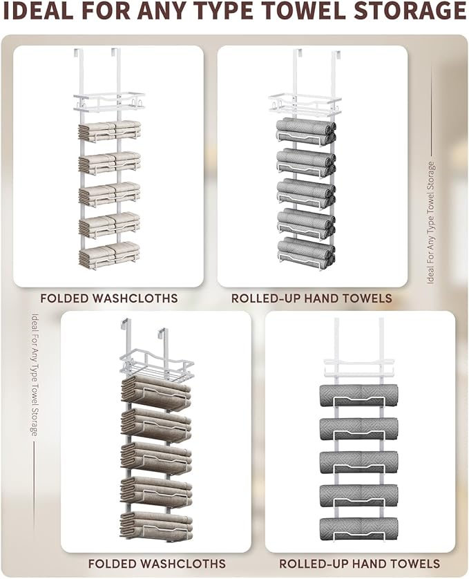 Aetyord Hanging Towel Racks for Bathroom No Drill - Over The Door 6-Tier Bath Towel Storage Organizer for Small Bathrooms - Back Door Large Tiered Towel Holder Hanger for Rolled Towels RV Camper White