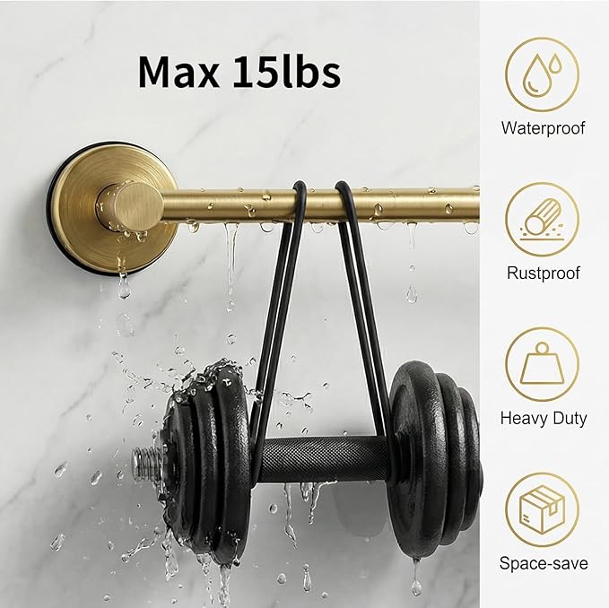 Stainless Steel Suction Cup Towel Bar, Adjustable Towel Racks for Bathroom (14.6-24 Inch) - Bathroom Towel Holder Wall Mounted for Glass Shower Door & Wall (Brushed Gold)