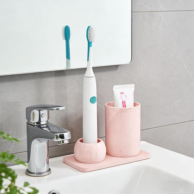 Ceramic Toothbrush Holder & Toothbrush Cup with Diatomite Tray for Bathroom, Bathroom Tumbler Cups Reusable Toothbrush Mouthwash Cup, Shower Counter Storage Organizer (Pink)
