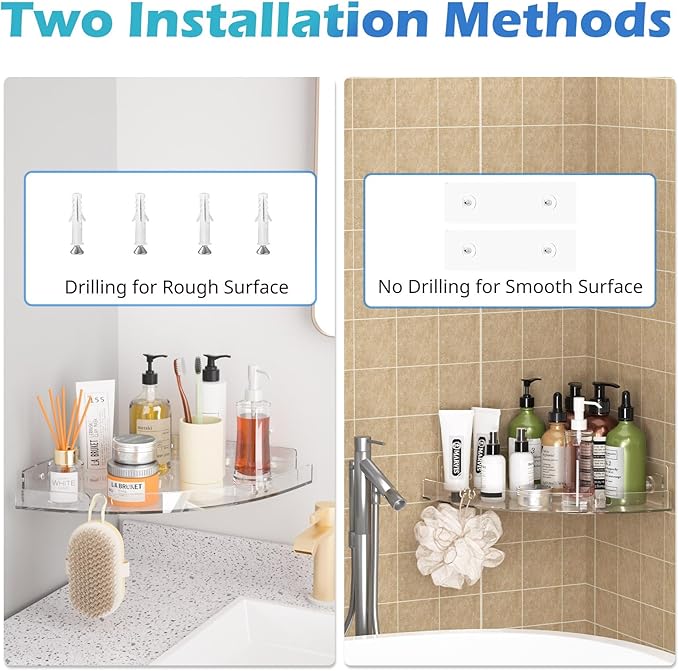 Durmmur 2 Pack Acrylic Corner Shower Caddy, Clear Corner Shower Shelf with 4 Hooks, Adhesive Wall Mounted Bathroom Shower Shelf Organizer for Inside Shower & Kitchen Storage