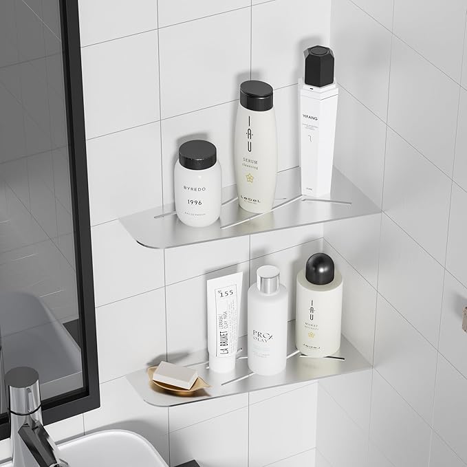 Qeke Shower Corner Shelf 304 Stainless Steel 12" Corner Shelf Bathroom Shampoo Holder for Shower Floating Corner Shelf for Wall, No Drilling, Brushed Nickle, 2Pack