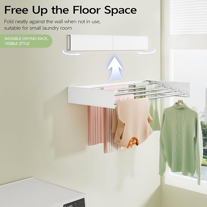 Vikaqi Wall Mounted Clothes Drying Rack 32", Foldable Wall Mount Laundry Rack Folding Indoor, Drying Rack Clothing Collapsible, Hidden Space Saver with Wall Template, 5 Rods, White