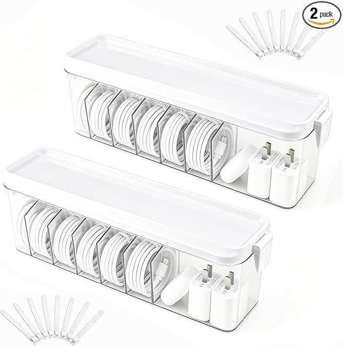 TexHome 2 Pcs Charger Cable Organizer Box with Lid Plastic Cord Storage Box with Wire Ties, Electronics Cord Organizer for Home Drawer Office Desk Accessories Storage