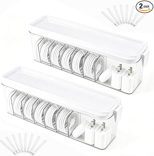 TexHome 2 Pcs Charger Cable Organizer Box with Lid Plastic Cord Storage Box with Wire Ties, Electronics Cord Organizer for Home Drawer Office Desk Accessories Storage