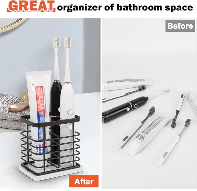Toothbrush Holder, Luxurious Metal Toothbrush Toothpaste Holder with Marble Base for Bathroom, Multi-Slots Openwork Design, Bathroom Accessory for Storage and Organizer (Small, Matte Black)