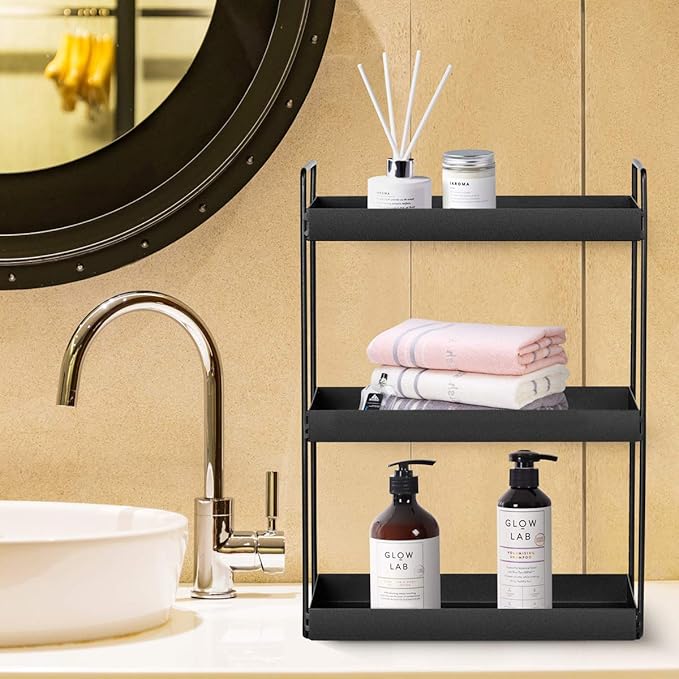 3-Tier Bathroom Countertop Organizer Vanity Tray Cosmetic & Makeup Storage Kitchen Spice Rack Standing Shelf, Black, 12.2" L x 6.7" W x 16.9" H, Iron
