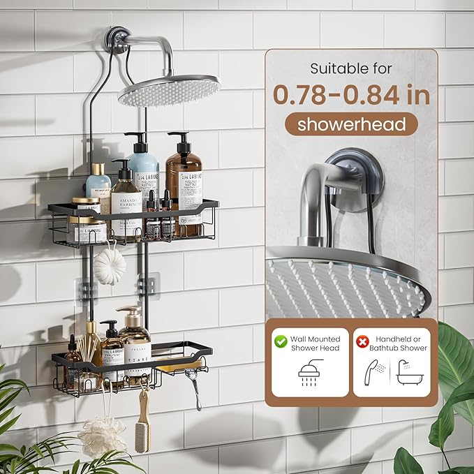 Skyapex Shower Caddy Hanging, Adjustable Height 2-Tier Shower Organizer Over Showerhead, Rust-Resistant Stainless Steel Shower Rack with 15 Hooks, Heavy Duty Anti-Swing Bathroom Storage, Black