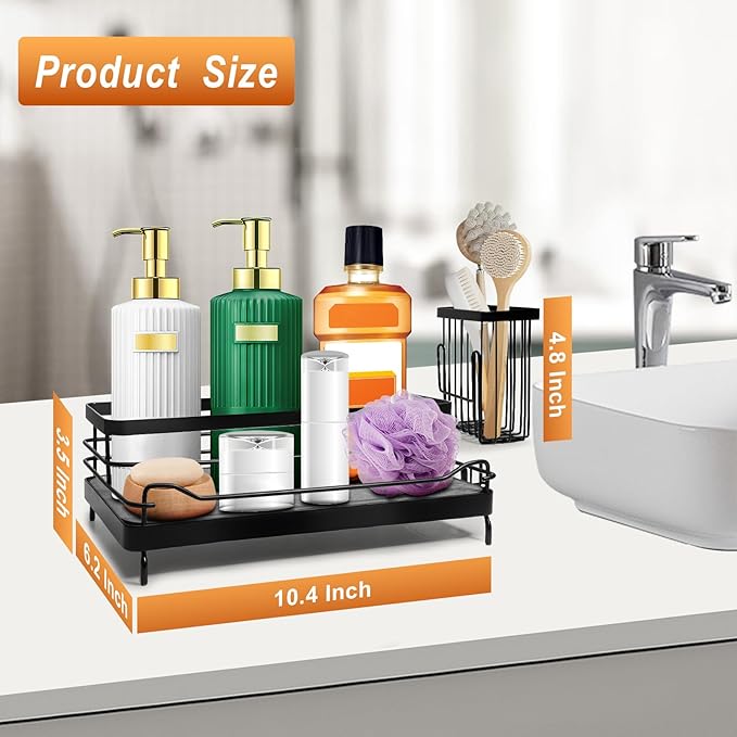 Toothbrush Holders with Instant Drying Stone & 2 Brush Holders, Rustproof Carbon Steel Tooth Brush Holder Sink Caddy, Space Saving Bathroom Countertop Organizer for Storage and Organization-Black