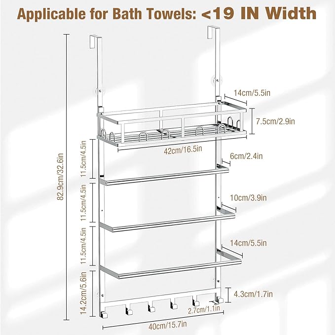 Aetyord Towel Racks for Bathroom Over The Door Towel Rack Towel Storage with Metal Shelf Basket and Hooks Silver