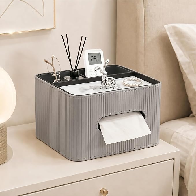 Tissue Box Cover Rectangle with Storage Organizer,Grey Leather Tissue Box Cover for Bathroom, Night Stands,Office Desk,Living Room, Decorative Tissue Holder,Compact Size for car Tissue Refills