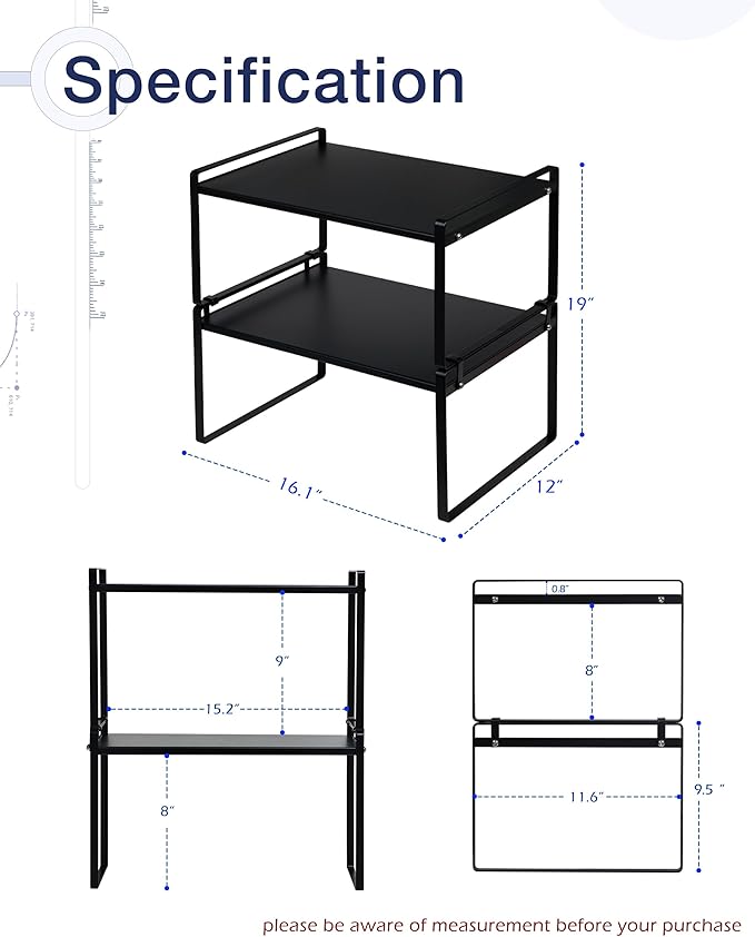 Nxconsu 2 Pack Cabinet Shelf Organizer 16.1"x12"x9.5" Black, Stackable Kitchen Counter Shelf Riser, Heavy Duty 3mm Steel Storage Rack for Pantry Cupboard Bathroom Under Sink, 50lbs Capacity, Non-Slip