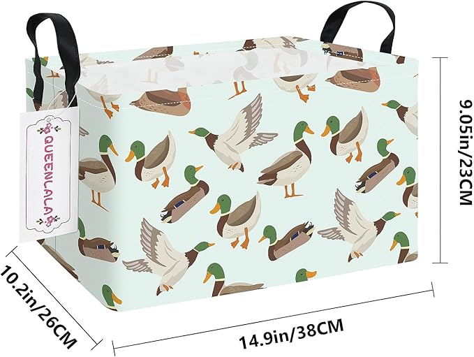 QUEENLALA Rectangular Laundry Hamper/Foldable Nursery Laundry Basket for Organizing/Storage Bin Baskets/Children Toy Office Bedroom/Toy Bin Closet Shelf Baskets (Rec-Mallard Duck)