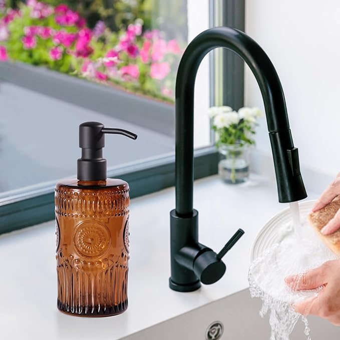 17 OZ Sunflower Embossed Glass Soap Dispenser - 2 Pack, with 304 Rust Proof Stainless Steel Pump, Glass Soap and Lotion Dispenser Set, Liquid Hand Soap Dispenser for Home, Kitchen & Bathroom (Amber)