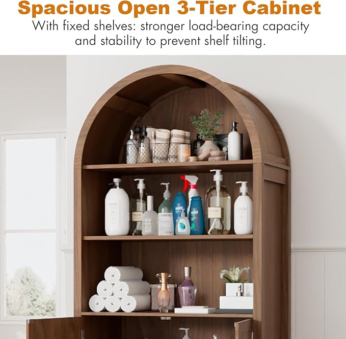Lxsxlome 70.9" Tall Storage Cabinet with Fluted Doors, Arched Freestanding Cabinet with 5 Shelves, Wooden Bookcase Storage Cabinet Suitable for Living Room, Dining Room, Bathroom
