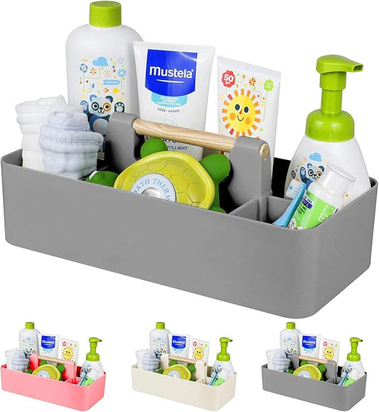 Baby Shower Caddy Plastic Nursery Portable Storage Organizer Caddy Tote for Child/Kids, Divided Basket Bin with Wood Handle for Bathroom, Dorm Room, Holdsn Bottles, Spoons, Gray