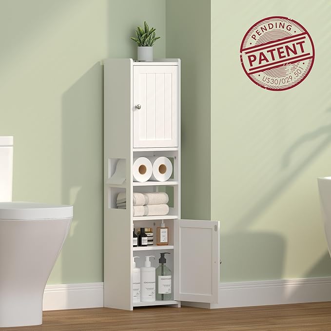 TidyHaven 39" H Small Bathroom Storage Cabinet, Narrow Bathroom Corner Floor Cabinet with Doors, Adjustable Shelf, Open-Side, Slim Toilet Paper Storage Holder for Bathroom, Small Spaces, Living Room