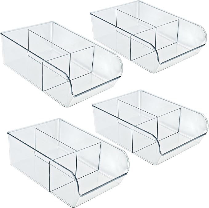 Azar Displays 556752-4PK Clear Storage Bin with Dividers Multi-Compartment Stackable Organizer for Kitchen Bathroom Pantry and Office BPA-Free Plastic (Pack of 4)