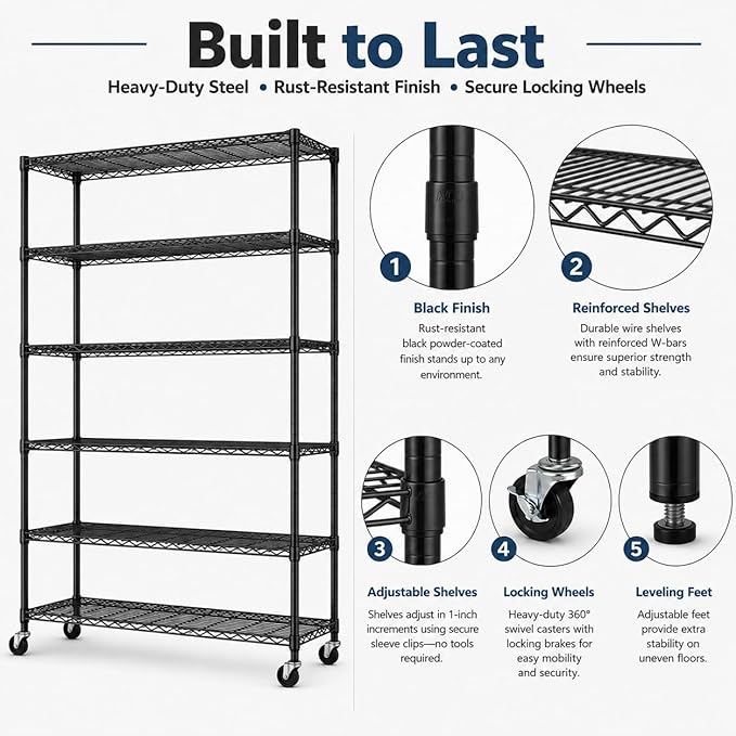 6 Tier Shelf Heavy Duty Metal Shelving Unit with Wheels, Adjustable Wire Storage Shelves 2100LBS Capacity, Garage Shelving for Pantry, Kitchen, Closet, Black, 18" D x 45" W x 82" H
