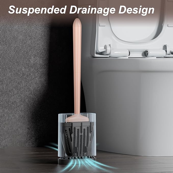 Sellemer Toilet Brush and Holder Set - Flexible Toilet Bowl Brush Head with Silicone Bristles, Compact Size for Storage and Organization, Ventilation Slots Base (1 Pack, Rose Gold)