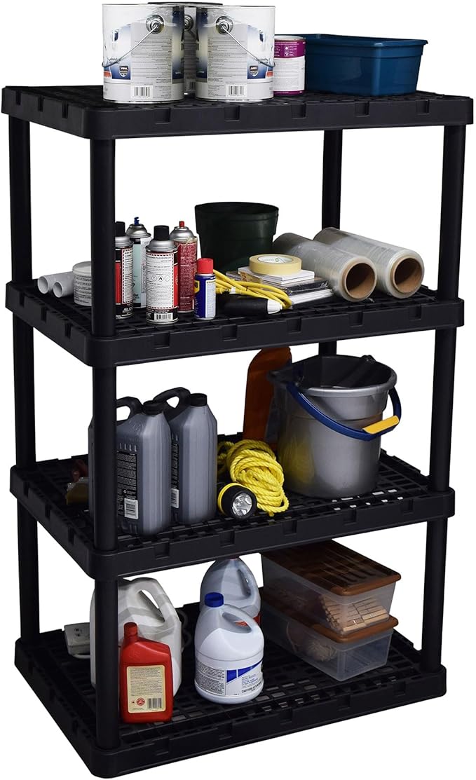 Gracious Living 4 Pack XL Heavy-Duty Storage Shelves, Knect-A-Shelf 4-Shelf Ventilated Storage Shelving Rack for Home Organization, Black