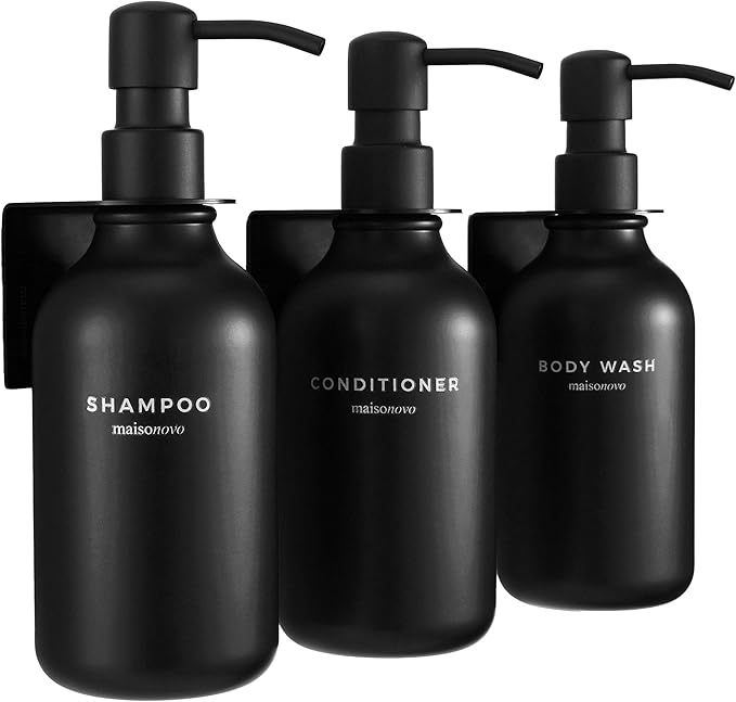 Shampoo and Conditioner Dispenser Wall Mounted Set of 3 Black - No Drill Shower Soap Dispenser for Bathroom Refillable - Spa Hotel Style Accessories by MaisoNovo