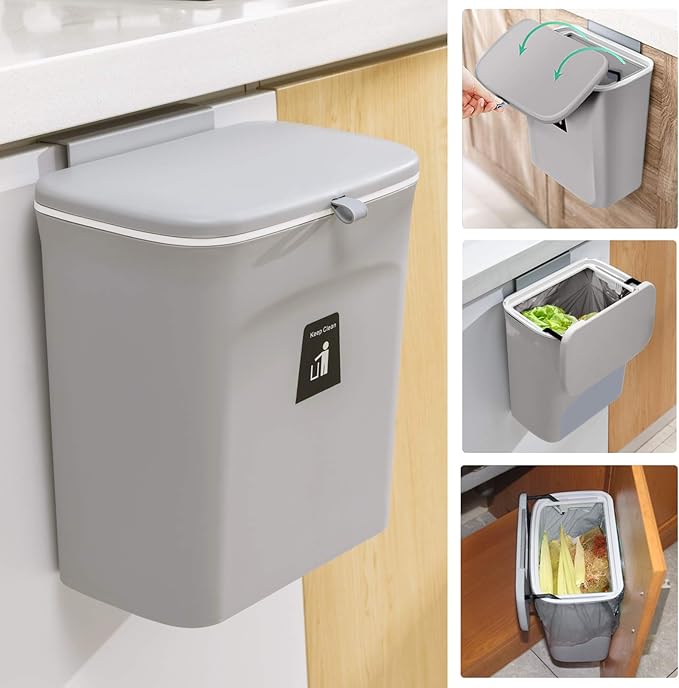 Tiyafuro 2.4 Gallon Kitchen Compost Bin for Counter Top or Under Sink, Hanging Small Trash Can with Lid for Cupboard/Bathroom/Bedroom/Office/Camping, Mountable Indoor Compost Bucket, Gray