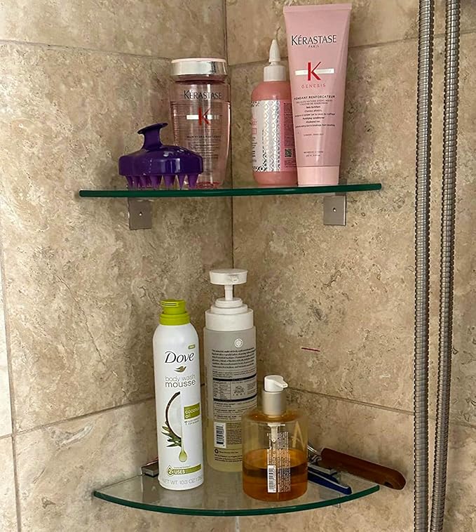 Bakzon Glass Corner Shower Shelf 2 Pack, 9.5" Tempered Glass Shower Caddy No Drill Adhesive Wall Mount, Holds 22 lbs, Rustproof Aluminum Brackets, Bathroom Corner Shelf for Inside Shower