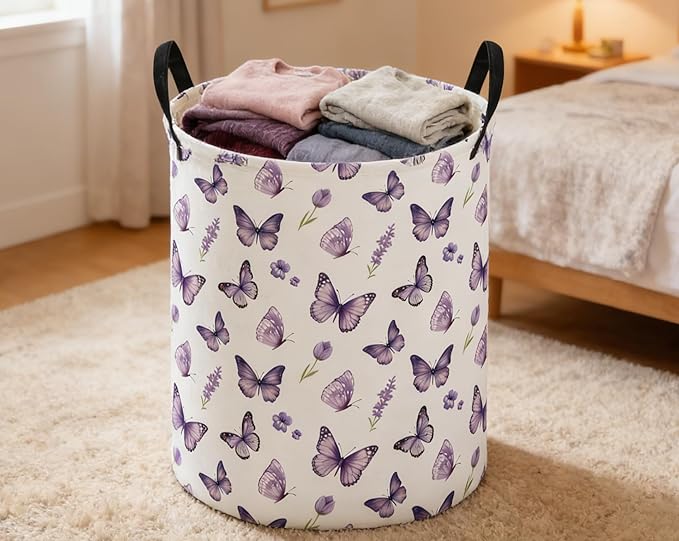 ESSME Kids Laundry Basket,Butterfly Hamper Collapsible Canvas Waterproof Storage Bin for Girls, Cute Hamper,Gift Baskets(Purple butterfly)