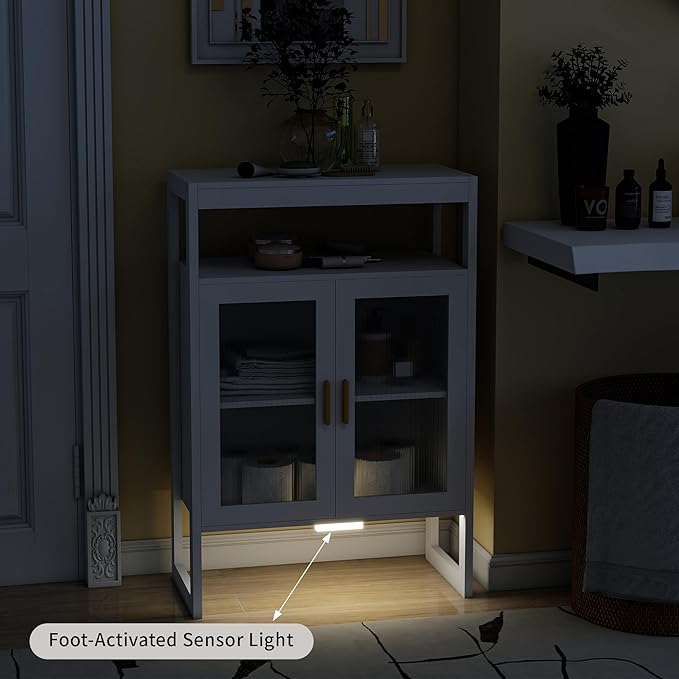 Bathroom Floor Storage Cabinet Freestanding Organizer with Sensor Light & Acrylic Doors for Bathroom, Home Office, Bedside, Sofa Side Table