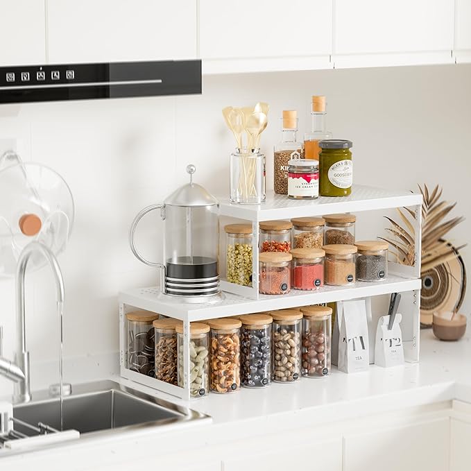 Stackable Expandable Metal Shelf Organizer, Adjustable Storage Rack, Heavy Duty Space Saver for Kitchen, Pantry, Bathroom, Countertop & Office(1Pack/Meidum/White)