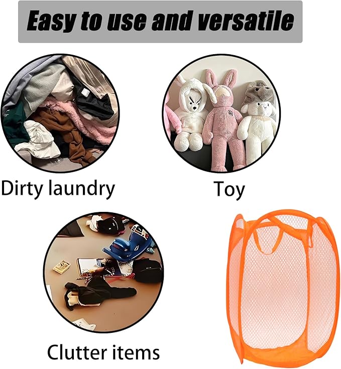 2Pcs Small Laundry Hampers, Folding Popup Mesh Laundry Basket, Collapsible Dirty Clothes Hamper, Portable Mesh Popup Hamper, Ideal for Bedroom, Travel and Home Use (Red & Orange)